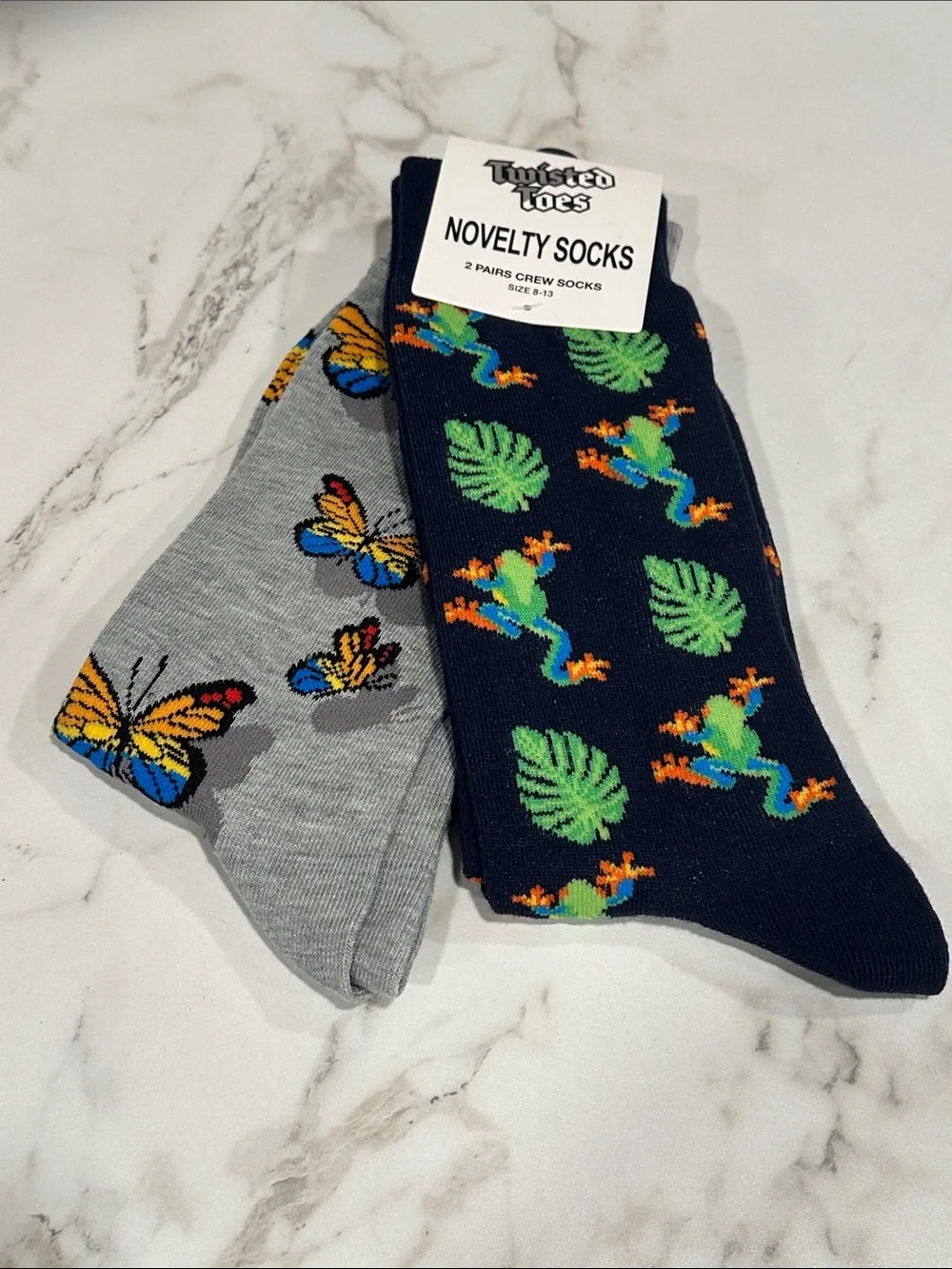 Twisted Toes Crew Socks Mens 8-13 NEW 2 Pair Gecko’s Butterflies